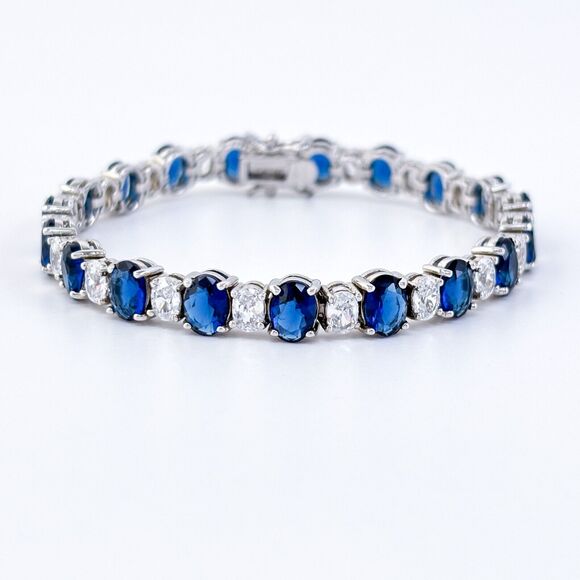 Vintage China Sterling Silver 925 Blue & Clear Cubic Zirconia Tennis Bracelet 7" - Picture 1 of 6